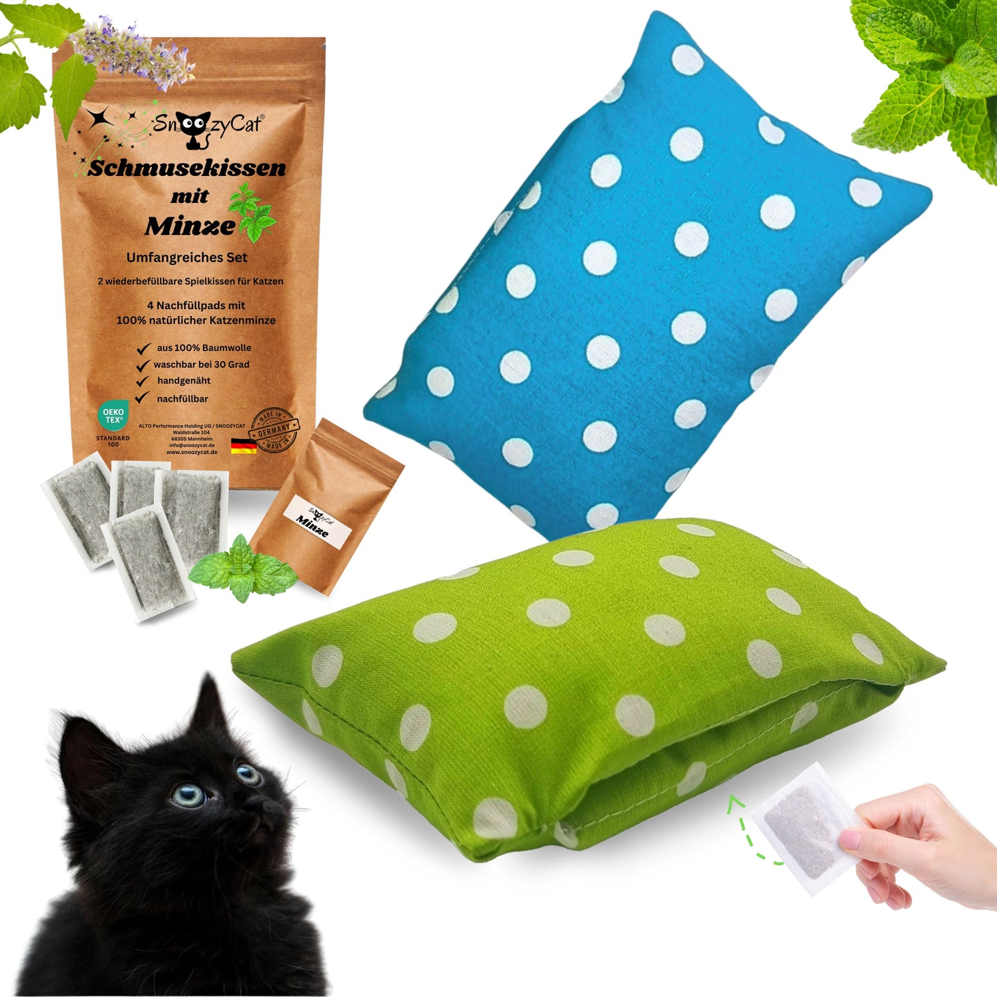SNOOZYCAT® 2er-Set nachfüllbare Katzenminze-Kissen mit Bio-Kräutern, OEKO-TEX® Baumwolle, handgemacht, inklusive Nachfüllpads – für glückliche Katzen.