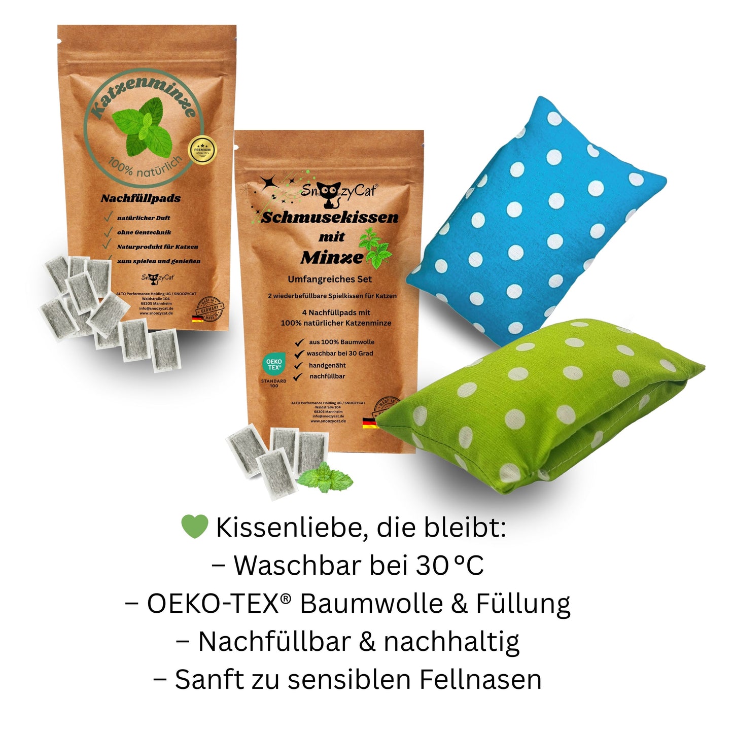 SNOOZYCAT® Set mit 2 weichen Kissen und 14 Nachfüllpads, gefüllt mit natürlicher Katzenminze – für stundenlangen Spielspaß und entspannende Wohlfühlmomente.“