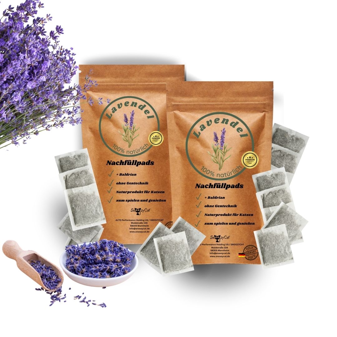 „SNOOZYCAT® Set mit 2 x 10 Lavendel-Baldrian-Mix Nachfüllpads – für entspannende Wohlfühlmomente mit der beruhigenden Wirkung von Lavendel und Baldrian.“