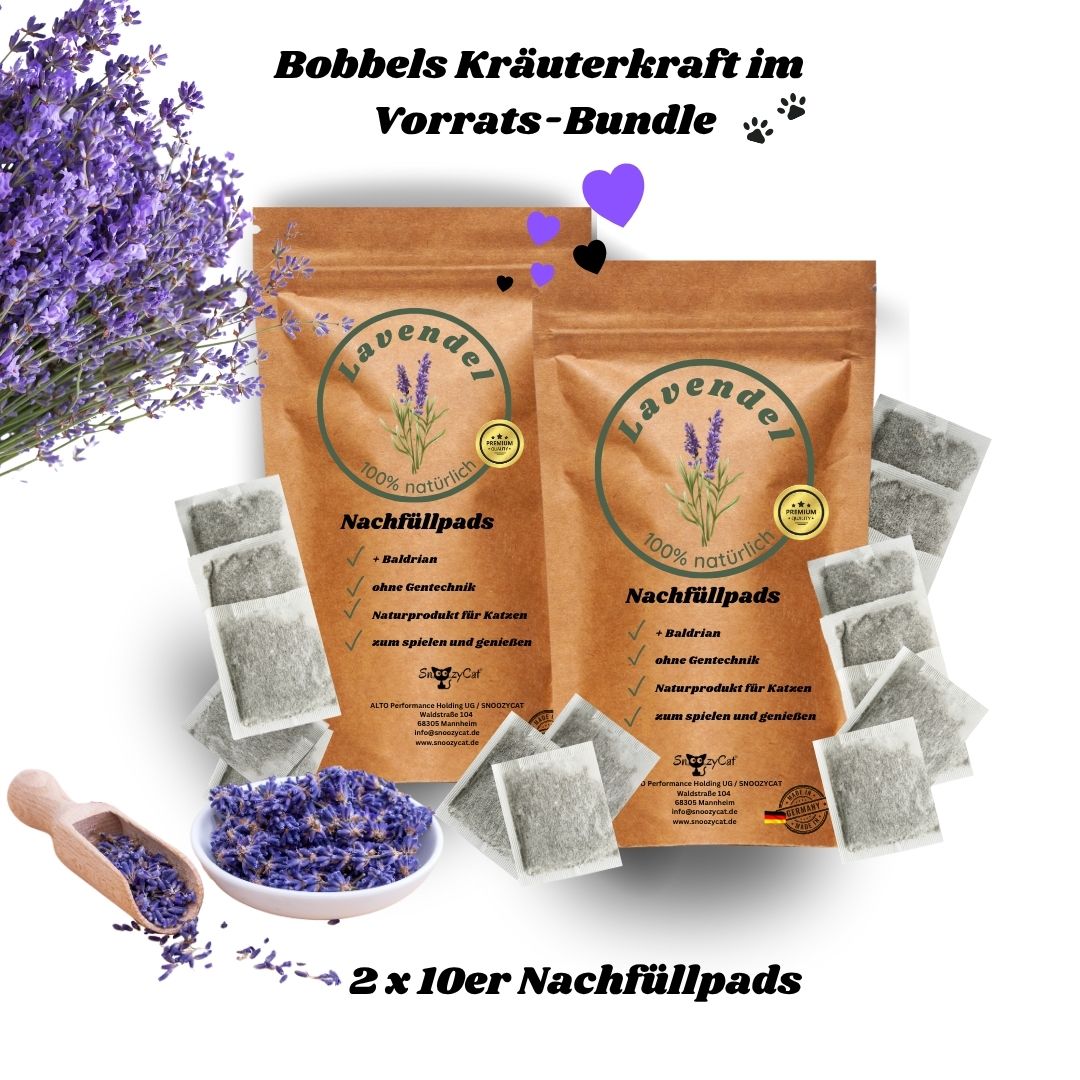 „SNOOZYCAT® Set mit 2 x 10 Lavendel-Baldrian-Mix Nachfüllpads – für entspannende Wohlfühlmomente mit der beruhigenden Wirkung von Lavendel und Baldrian.“