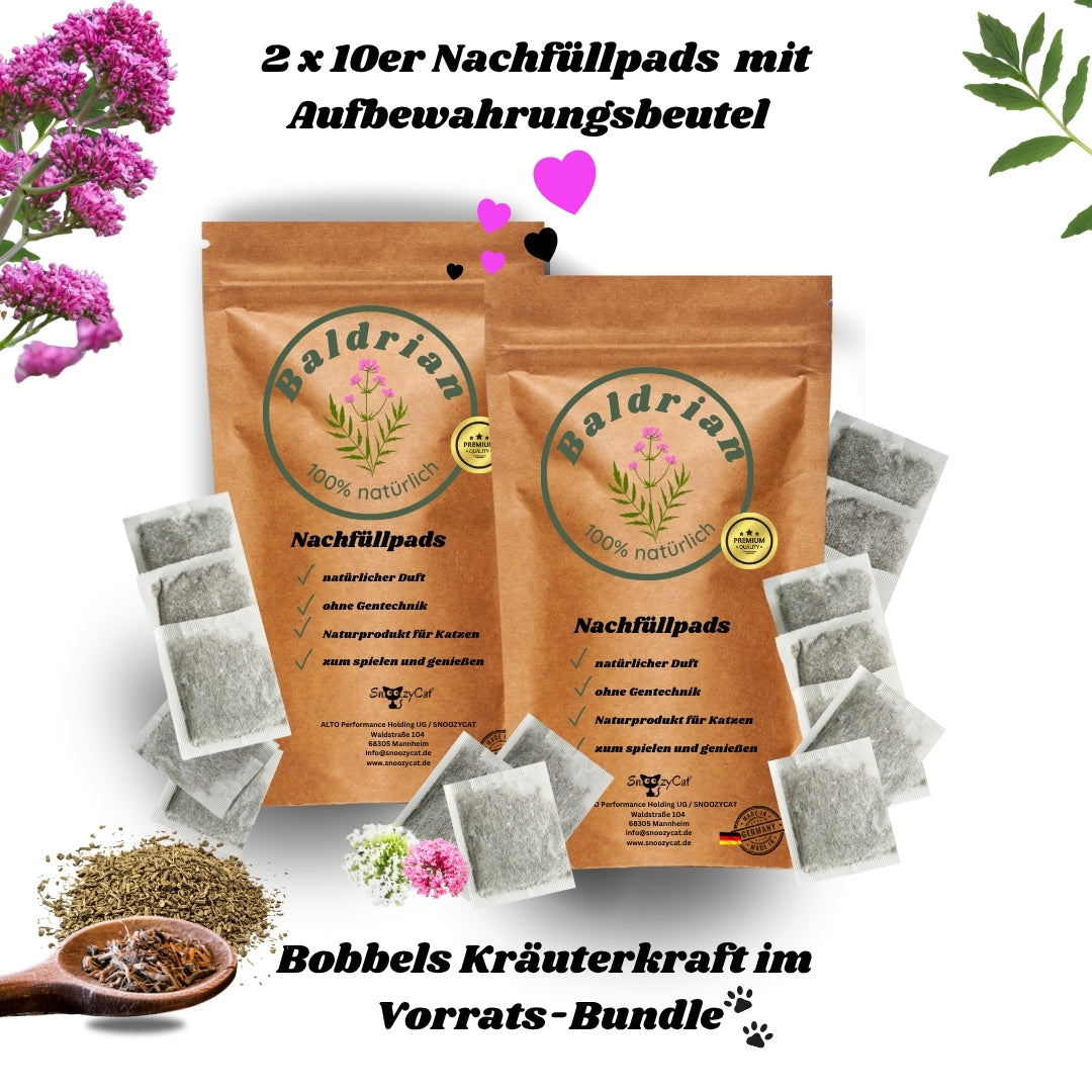 „SNOOZYCAT® Set mit 2 Nachfüllpads, gefüllt mit hochwertigem Baldrian – ideal zur Auffrischung von Kräuterkissen für entspannte und beruhigte Katzen.“