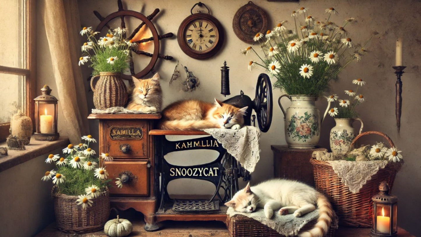 Drei schlafende Katzen zwischen Vintage-Nähmaschine, Kamilleblüten und Kerzen – SNOOZYCAT® Kamille-Edition vermittelt Entspannung, Natürlichkeit und handgemachte Wohlfühlmomente