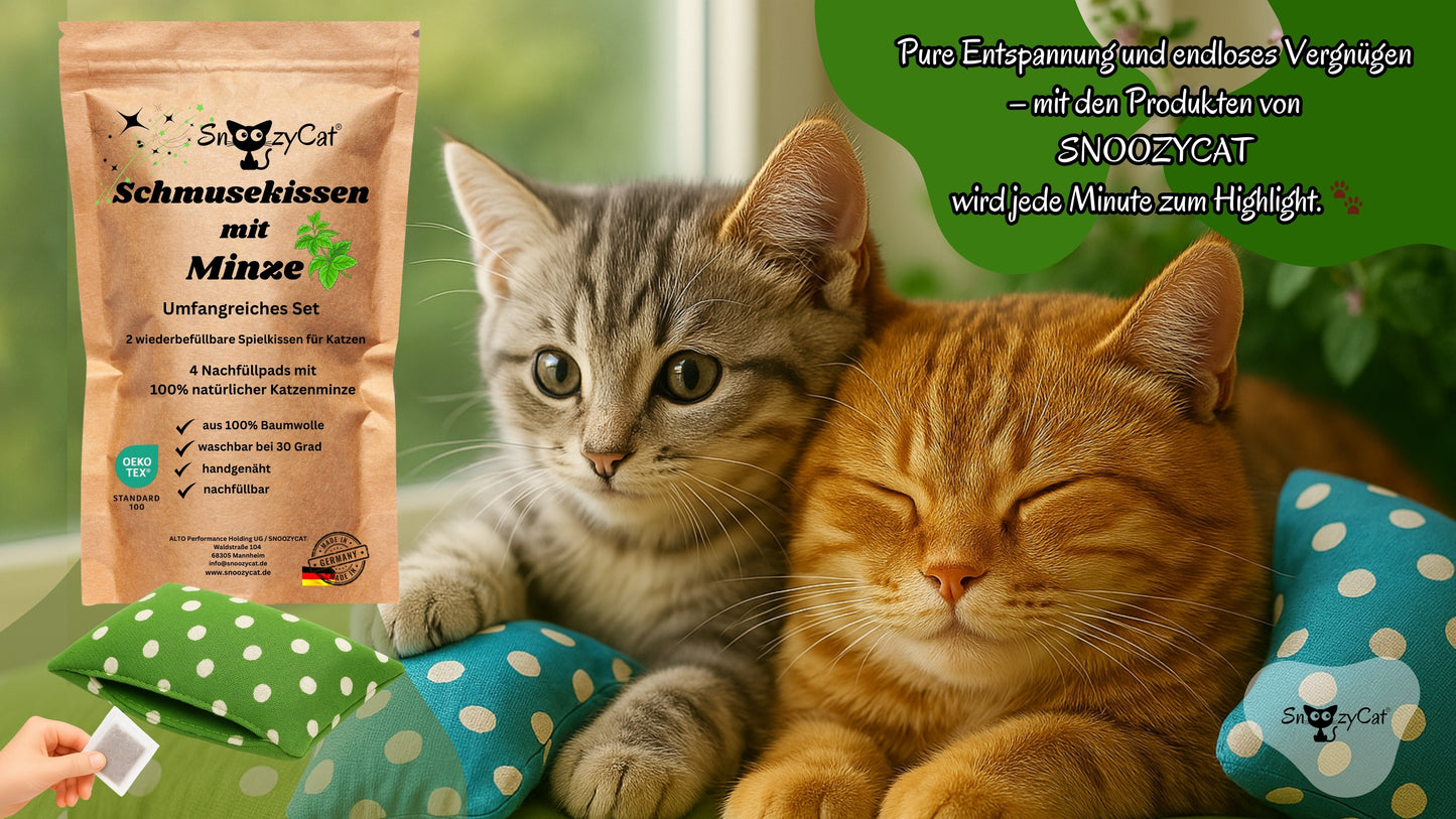 Zwei Katzen mit SNOOZYCAT® Schmusekissen mit Katzenminze – nachfüllbares Kissen-Set inklusive 4 Nachfüllpads aus 100 % natürlicher Minze – OEKO-TEX® zertifiziert, handgemacht, Made in Germany