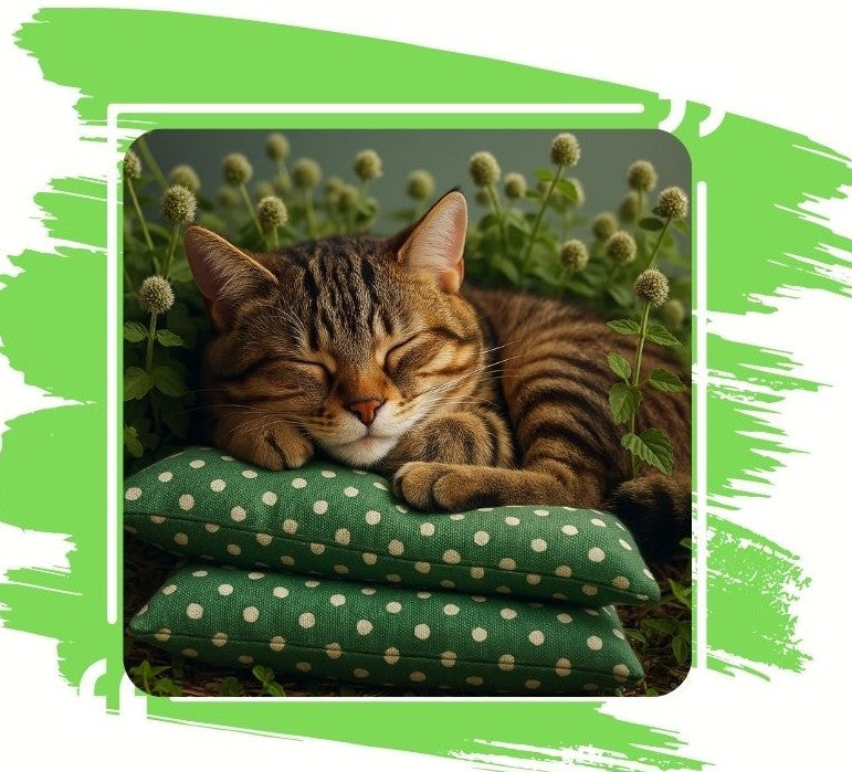 katze schläft auf kissen mit katzenminze