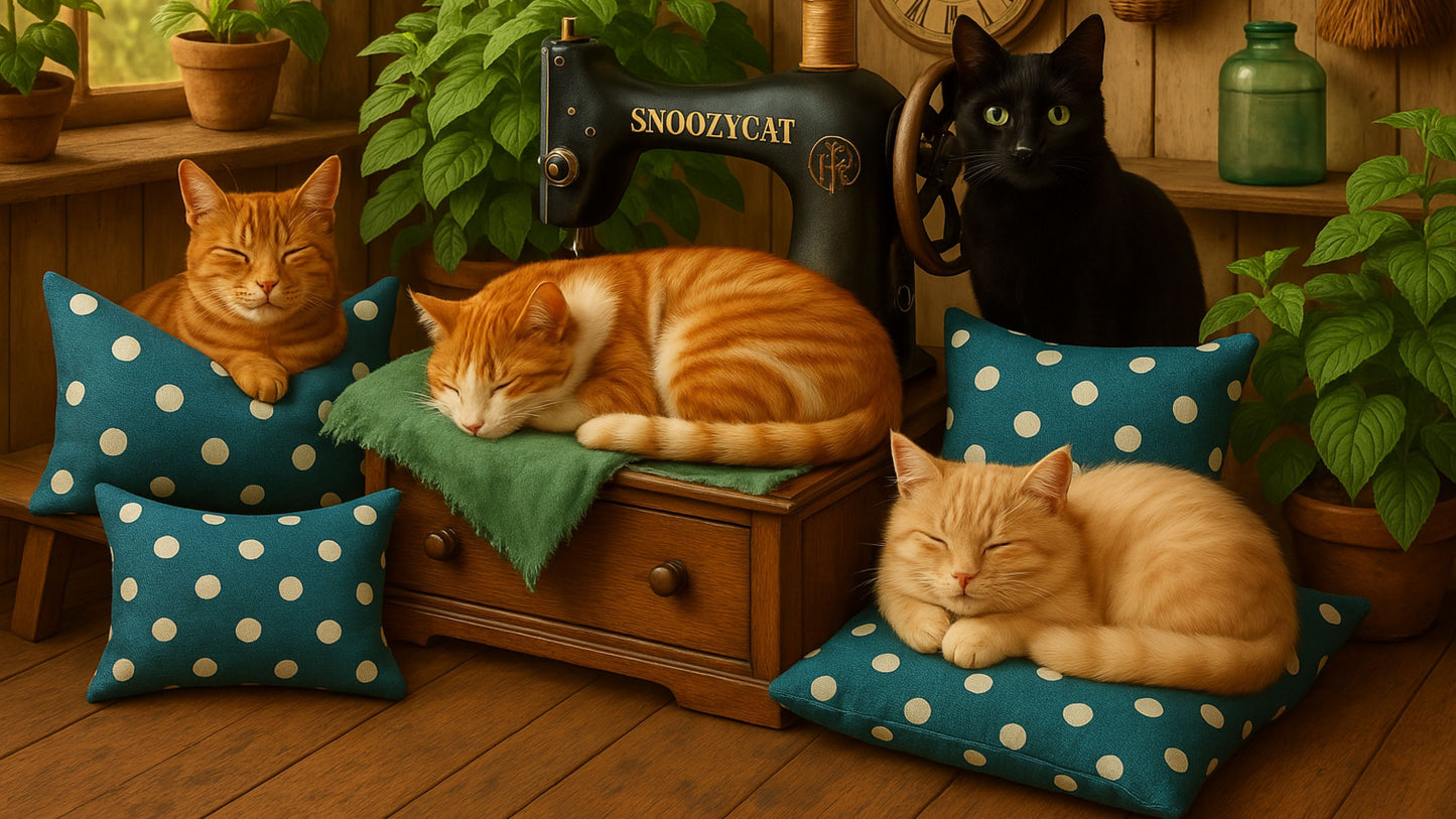 Zwei Katzen mit blauen und grünen SNOOZYCAT® Katzenminze-Kissen, handgemacht und nachfüllbar, mit OEKO-TEX® zertifizierter Baumwolle – für entspannte Wohlfühlmomente.