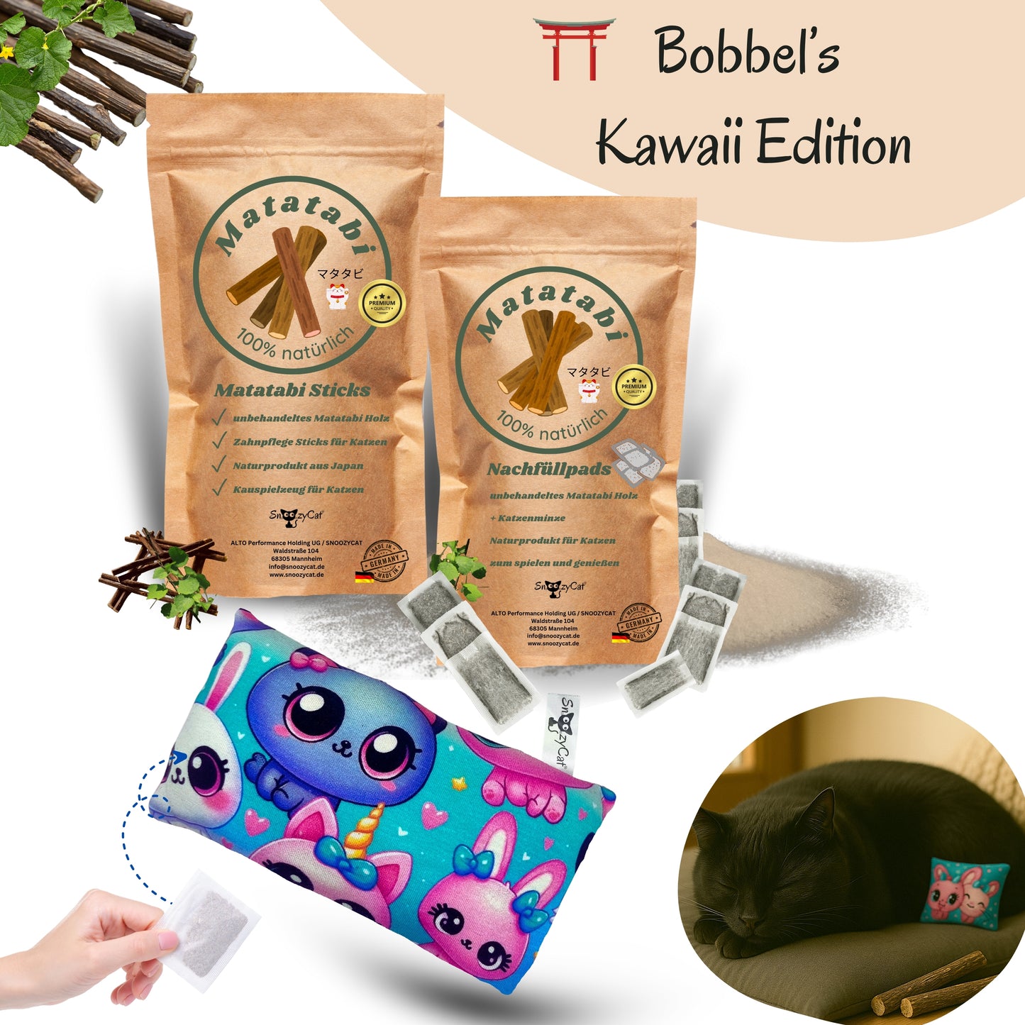 SNOOZYCAT® großes, fluffiges Kawaii-Schmusekissen, 10 Matatabi-Sticks für gesunde Zähne und 10 Nachfüllpads mit Katzenminze – perfekt für verspielte und entspannte Katzen.“