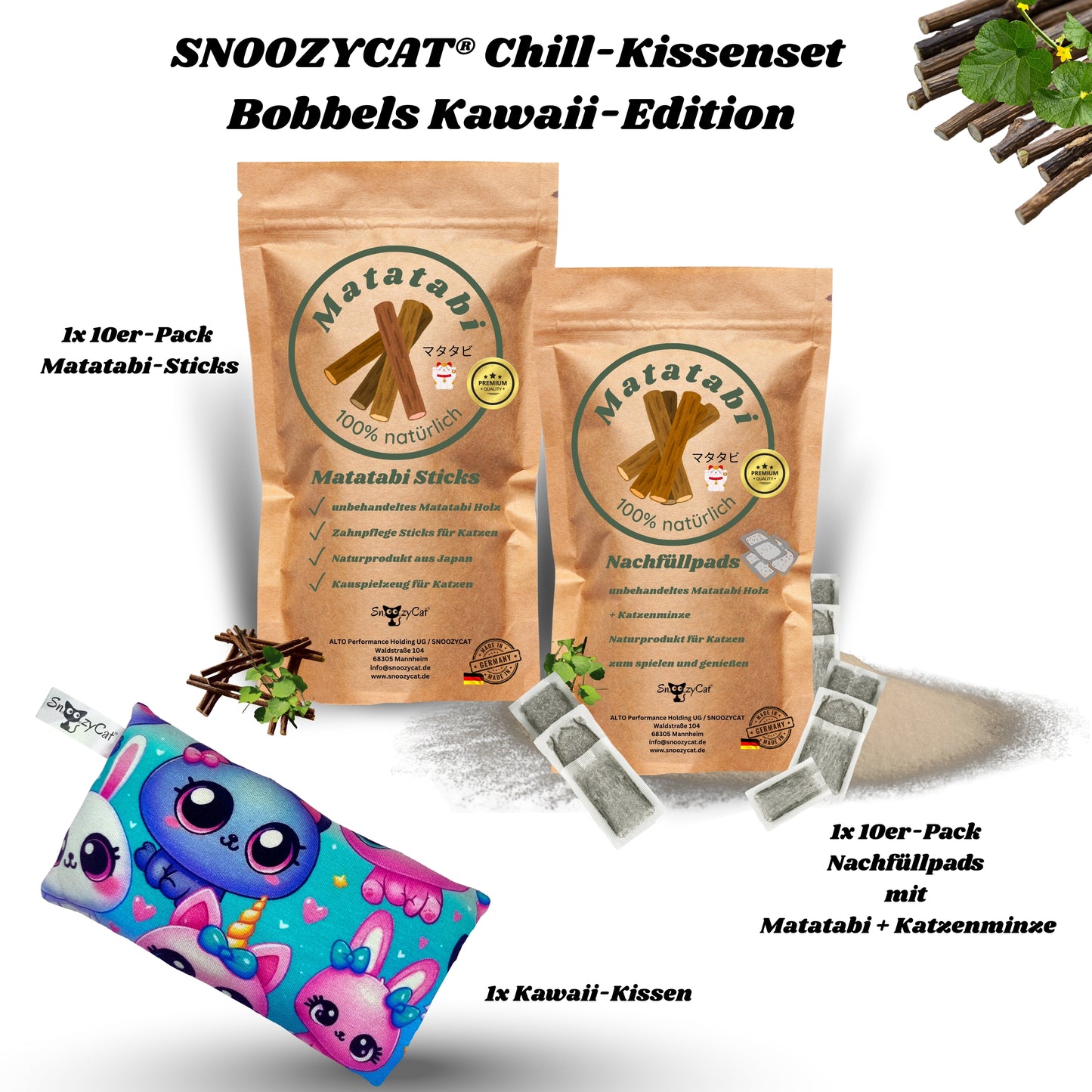 SNOOZYCAT® großes, fluffiges Kawaii-Schmusekissen, 10 Matatabi-Sticks für gesunde Zähne und 10 Nachfüllpads mit Katzenminze – perfekt für verspielte und entspannte Katzen.“