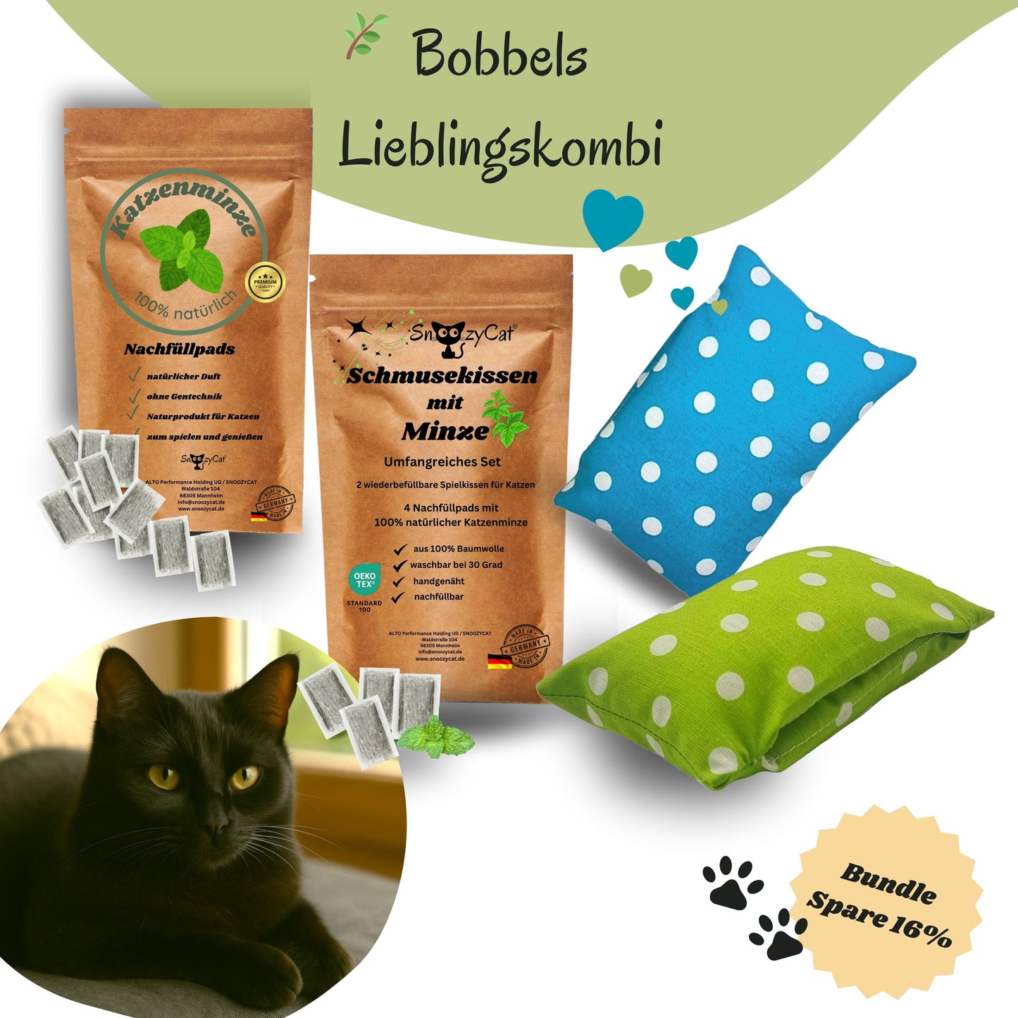 SNOOZYCAT® Set mit 2 weichen Kissen und 14 Nachfüllpads, gefüllt mit natürlicher Katzenminze – für stundenlangen Spielspaß und entspannende Wohlfühlmomente.“