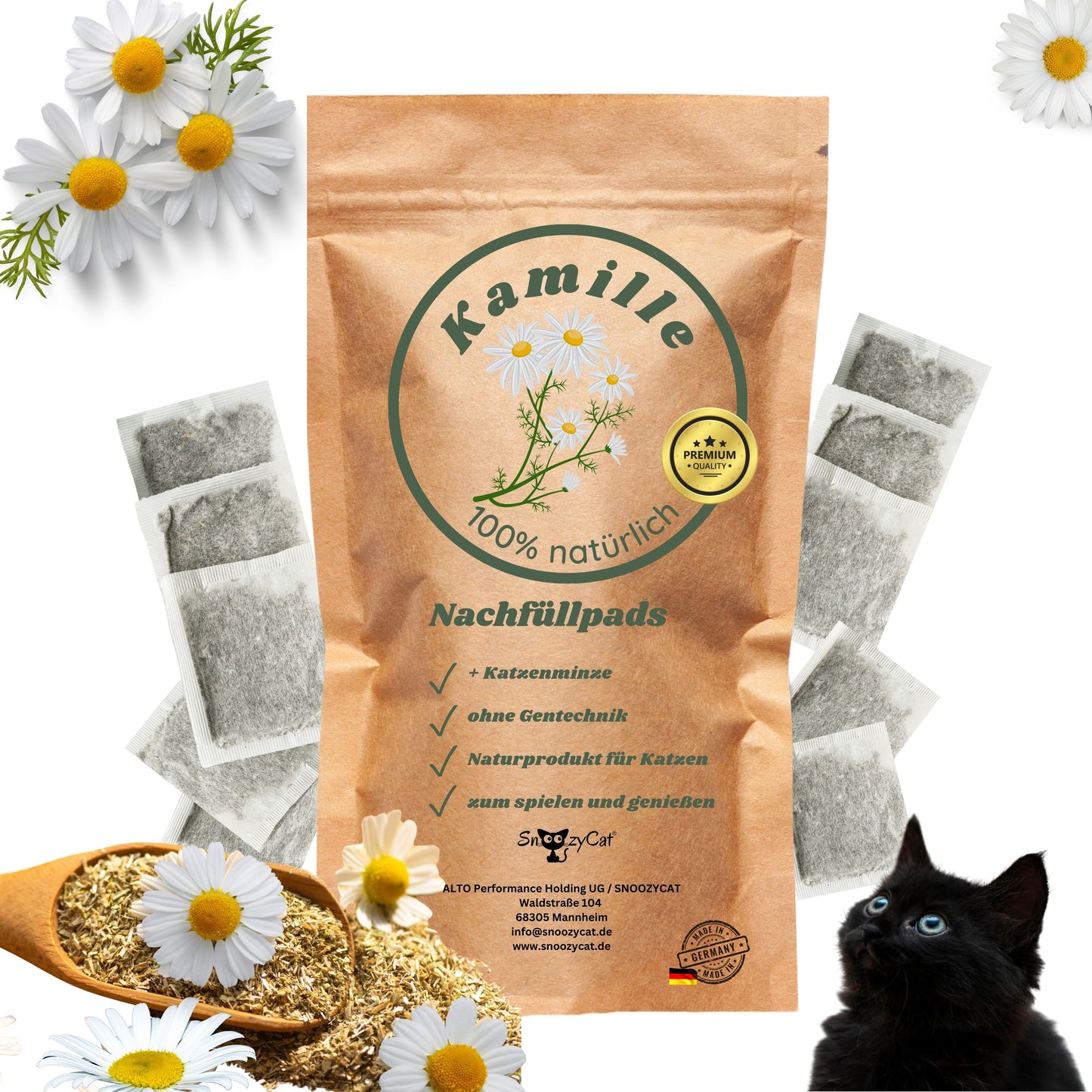 SNOOZYCAT® Nachfüllpads mit Kamille und Katzenminze – 100 % natürliche Kräuter für Katzen, handverpackt in Deutschland – zeigt Verpackung, Kräuter, Pads und schwarze Katze