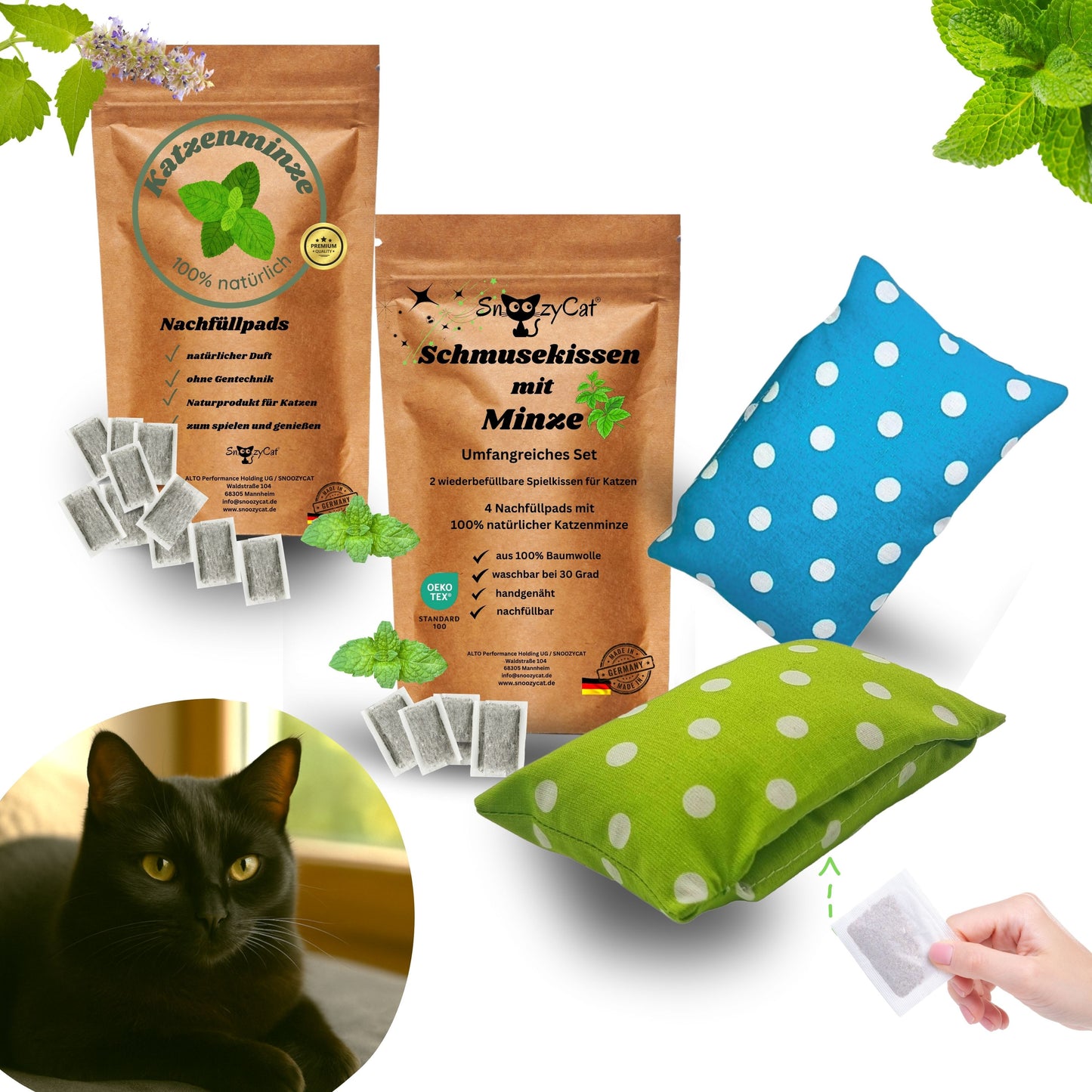 SNOOZYCAT® Set mit 2 weichen Kissen und 14 Nachfüllpads, gefüllt mit natürlicher Katzenminze – für stundenlangen Spielspaß und entspannende Wohlfühlmomente.“
