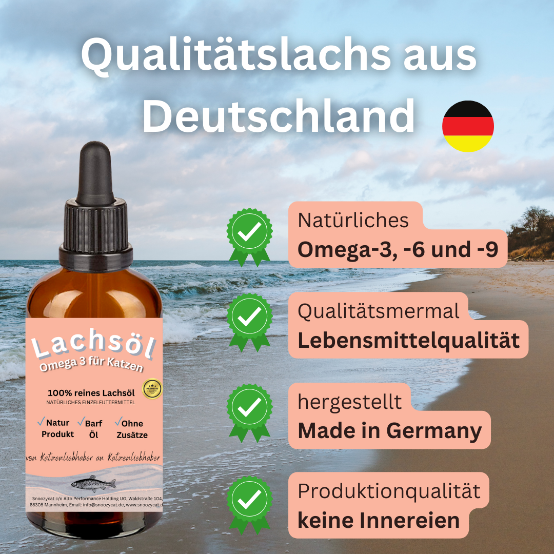 SNOOZYCAT® Premium Lachsöl für Katzen – 100 ml – Hochwertiges Omega-3- & Omega-6-Öl in Lebensmittelqualität – Für Haut, Fell & Immunsystem – Frisch & schonend hergestellt in Deutschland