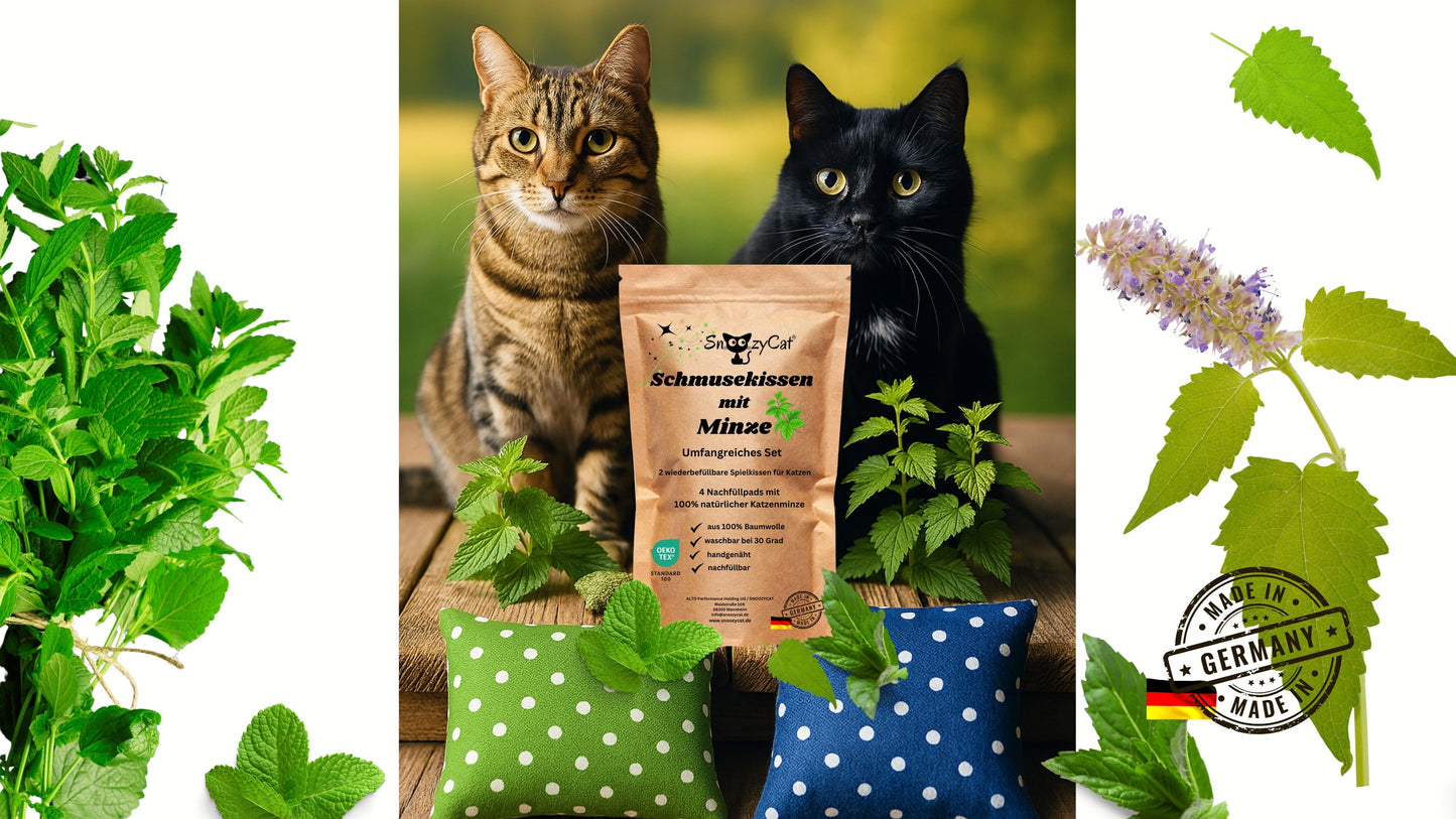 Zwei Katzen mit SNOOZYCAT® Schmusekissen mit Minze und natürlichen Nachfüllpads – hochwertige Spielkissen aus Baumwolle mit Katzenminze, Made in Germany, umgeben von frischen Minzblättern.