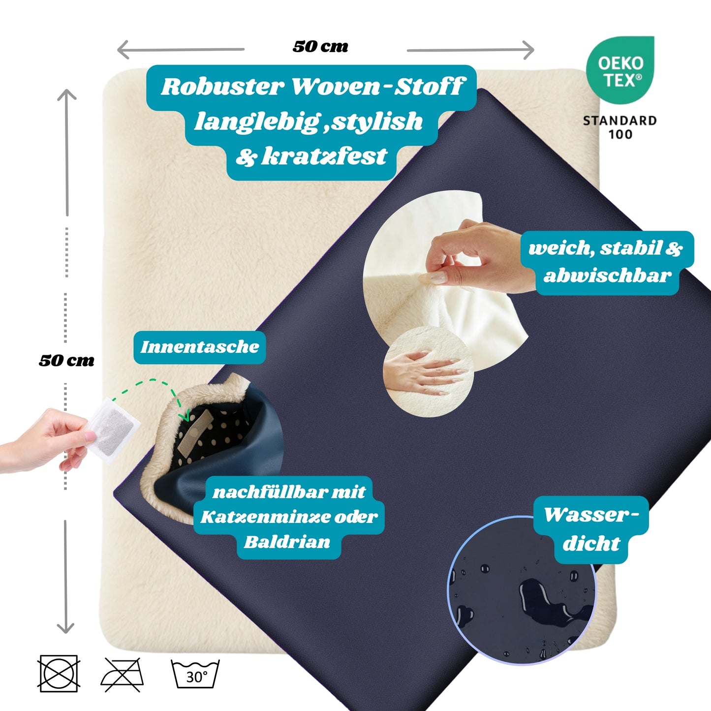 SNOOZYCAT® CozyDry Outdoor Smooth – wetterfeste Katzen Outdoor-Decke mit Kräutertasche, kuschelig weich, wasserdicht, handgefertigt in Deutschland, OEKO-TEX®, 50×50 cm