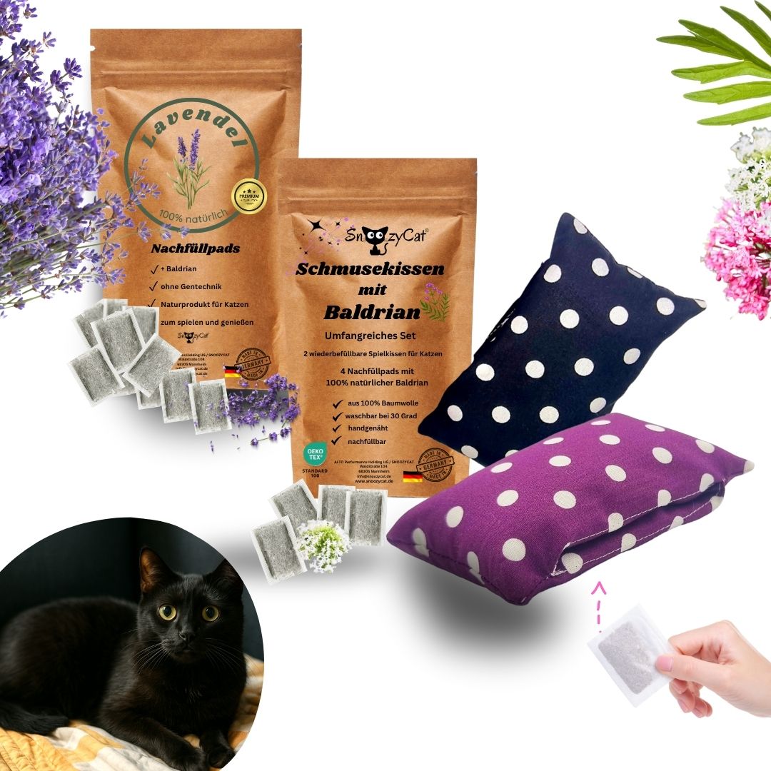 „SNOOZYCAT® Nachfüllbeutel mit Baldrian, gefüllt mit hochwertigem Baldrian zur natürlichen Entspannung von Katzen. Perfekt mit katzenspielkissen im set.“