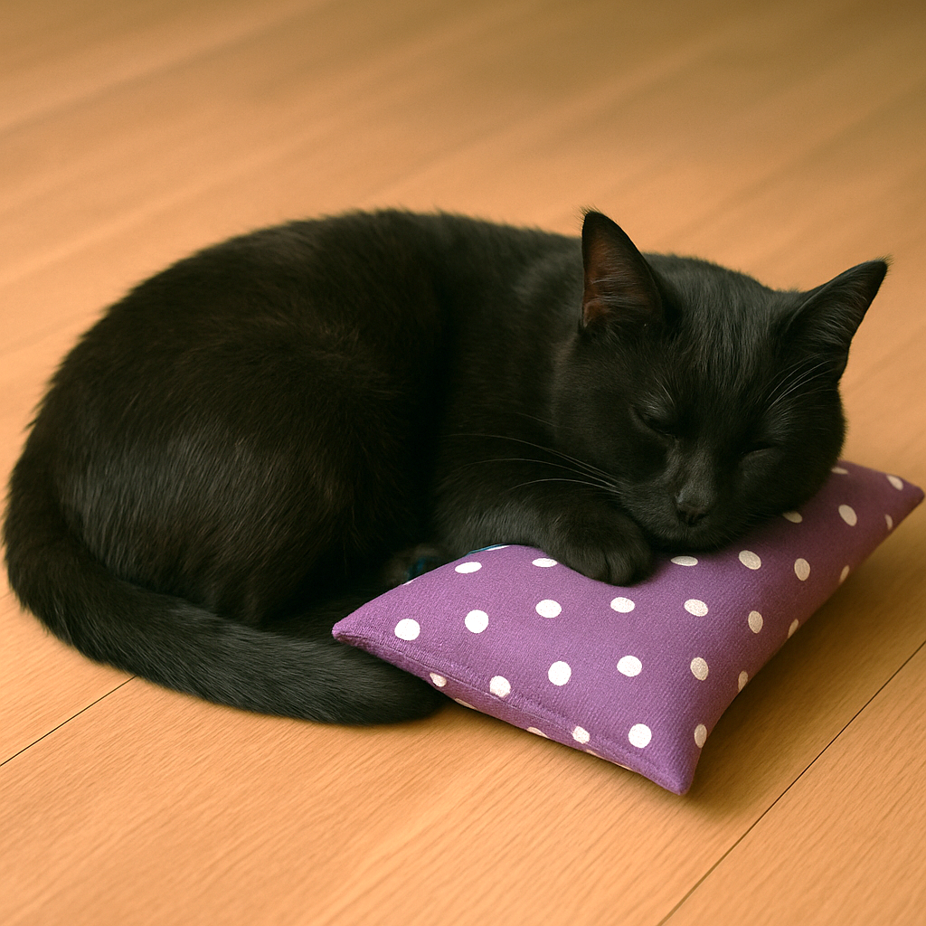 Schwarze katze schläft auf lila kissen mit weißen punkten