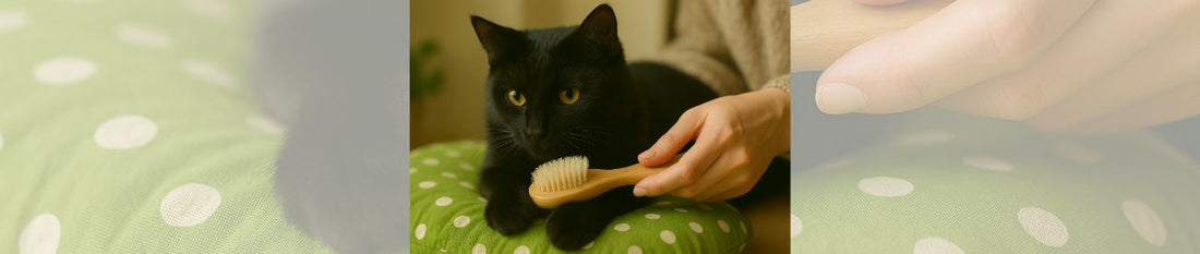 Schwarze Katze auf Felloptik-Decke am Fenster, Herbstlicht, lose Haare sichtbar während Fellwechsel.
