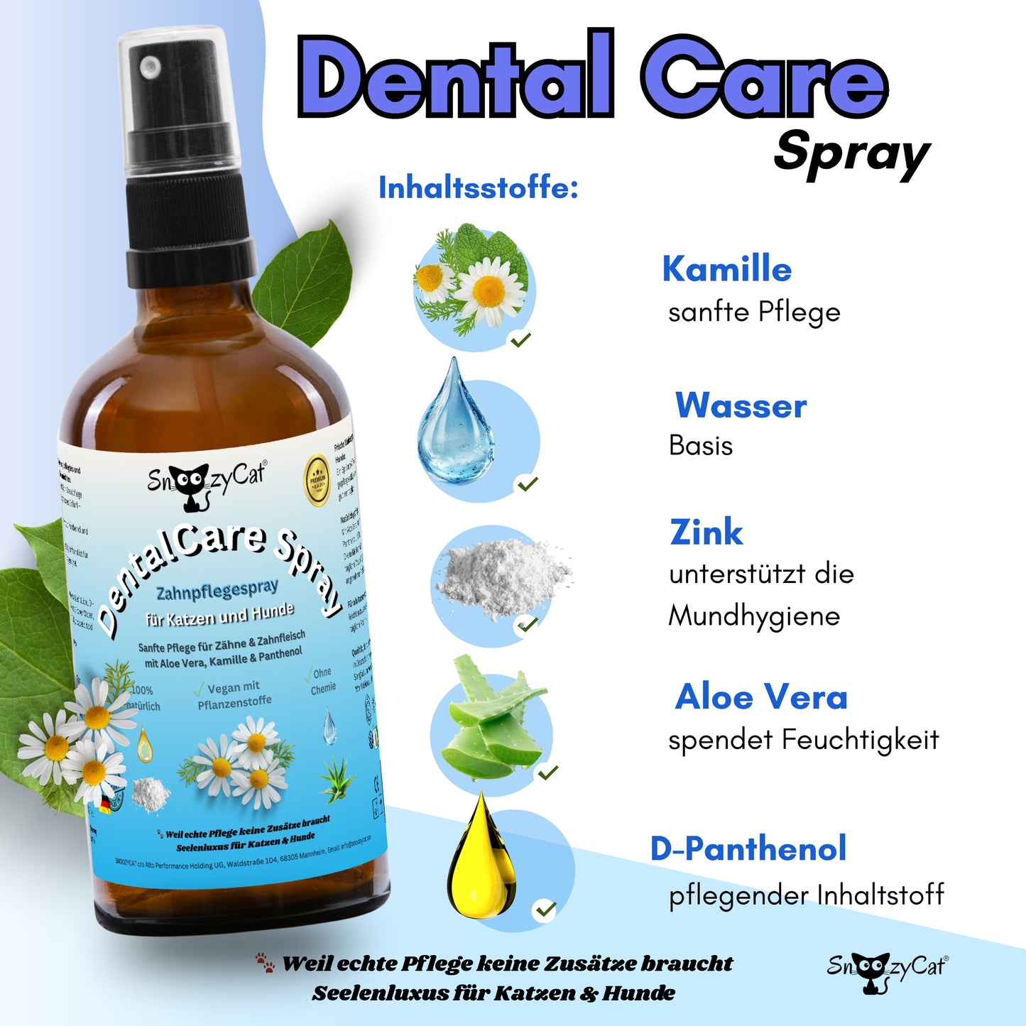SNOOZYCAT® DentalCare Spray für Katzen & Hunde – Natürliche Zahnpflege ohne Bürste mit Kamille, Rosenwasser, Aloe Vera & Zink – Made in Germany