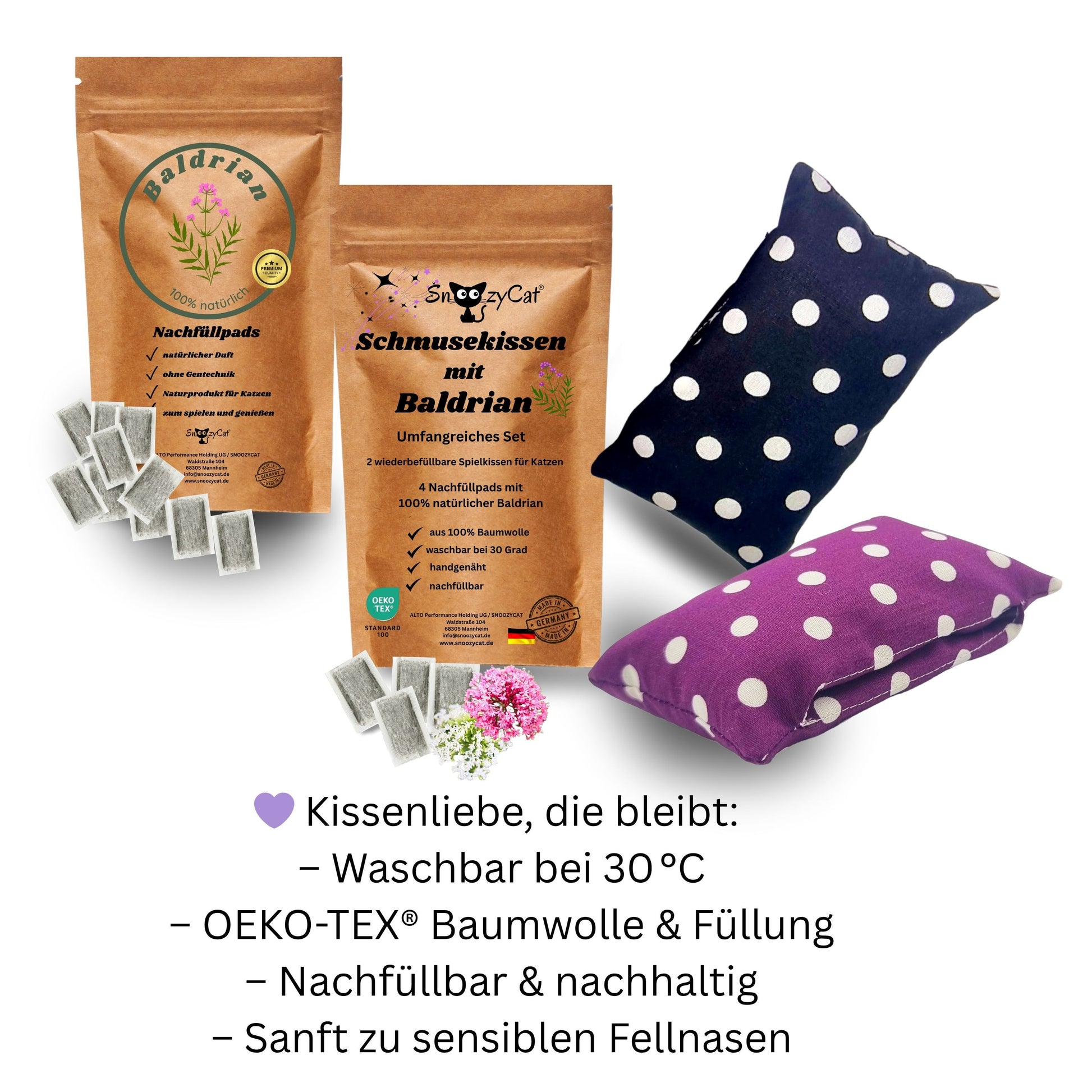 SNOOZYCAT® Set mit 2 weichen Kissen und 14 Nachfüllpads, gefüllt mit natürlichem Baldrian – für beruhigende Wohlfühlmomente und entspannende Katzenzeiten.“