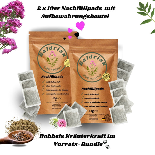 „SNOOZYCAT® Set mit 2 Nachfüllpads, gefüllt mit hochwertigem Baldrian – ideal zur Auffrischung von Kräuterkissen für entspannte und beruhigte Katzen.“