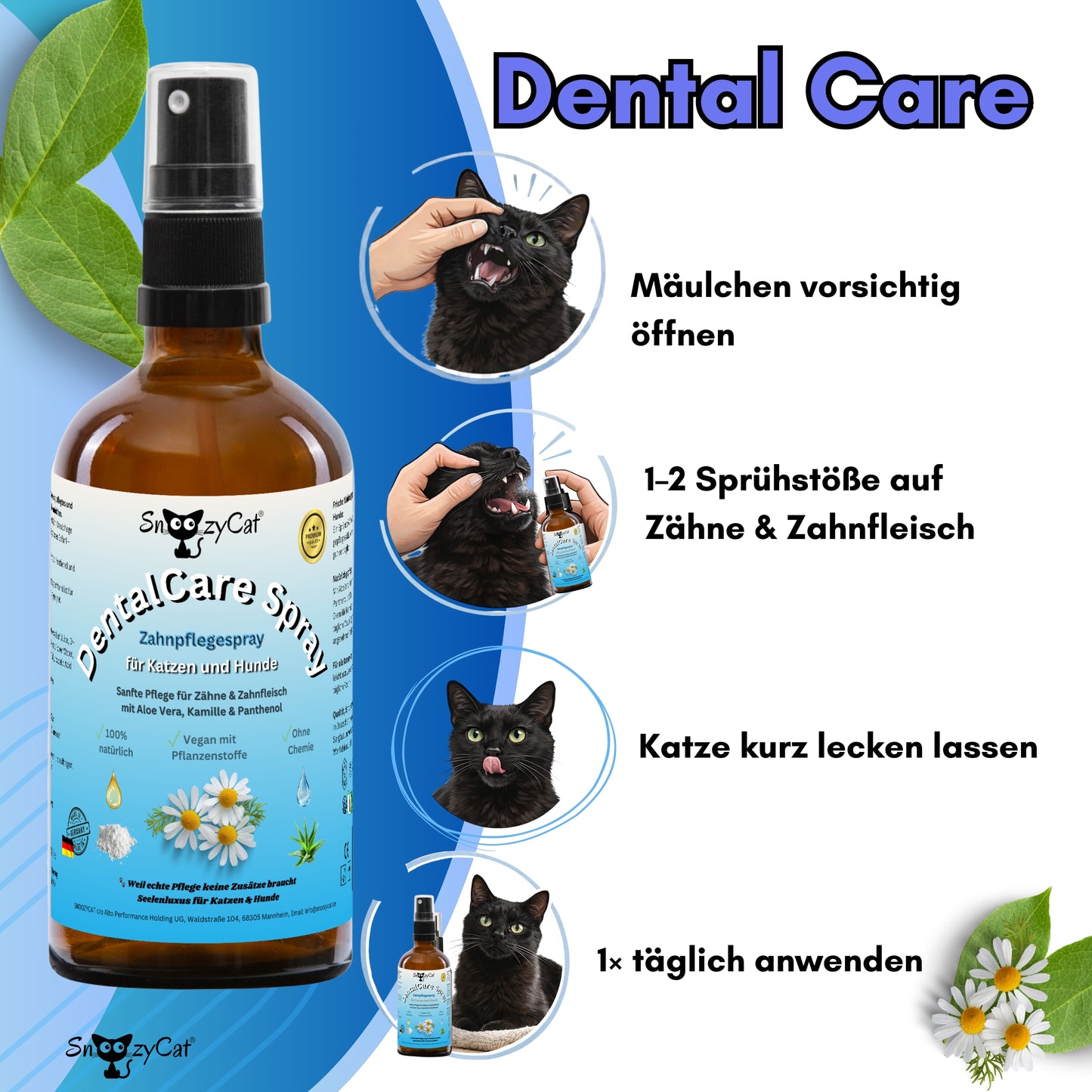 SNOOZYCAT® DentalCare Spray für Katzen & Hunde – Natürliche Zahnpflege ohne Bürste mit Kamille, Rosenwasser, Aloe Vera & Zink – Made in Germany