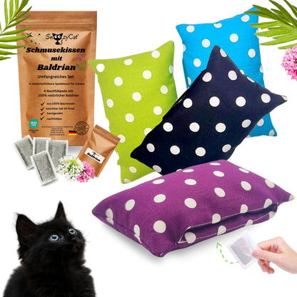 SNOOZYCAT® 4 Baldrian-Kissen – nachfüllbar & waschbar – mit 4 Nachfüllpads – 100 % natürliche Baldrianwurzel – OEKO-TEX® Baumwolle – Made in Germany