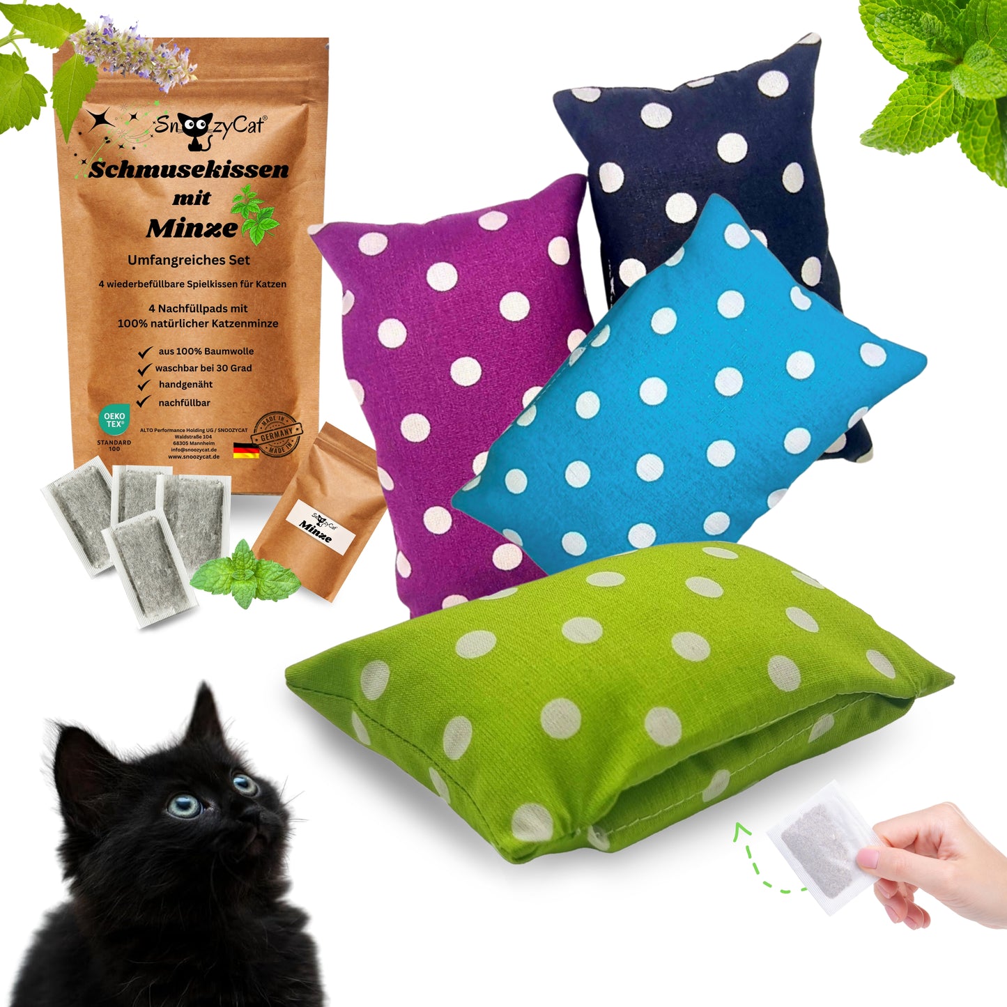 SNOOZYCAT® 4 Katzenminze-Kissen – nachfüllbar & waschbar – mit 4 Nachfüllpads – 100 % natürliche Katzenminze – OEKO-TEX® Baumwolle – Made in Germany