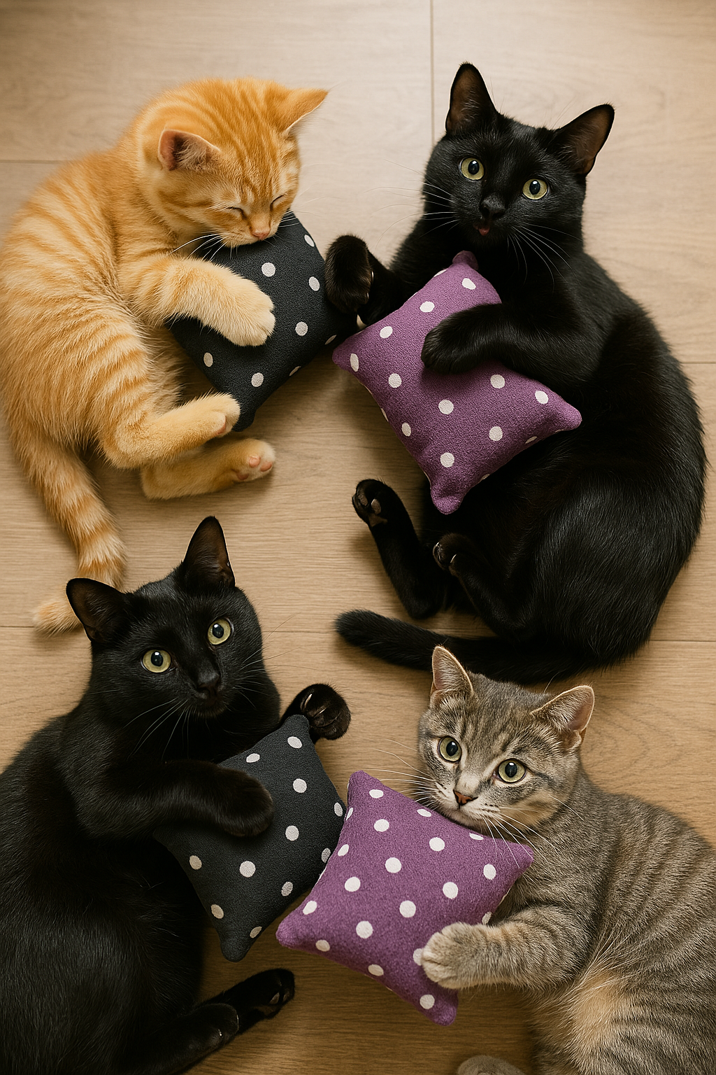 „Vier Katzen spielen und entspannen mit handgemachten SNOOZYCAT® Baldrian-Kissen in Lila und Schwarz – natürliche Entspannung für Katzen jeden Alters“