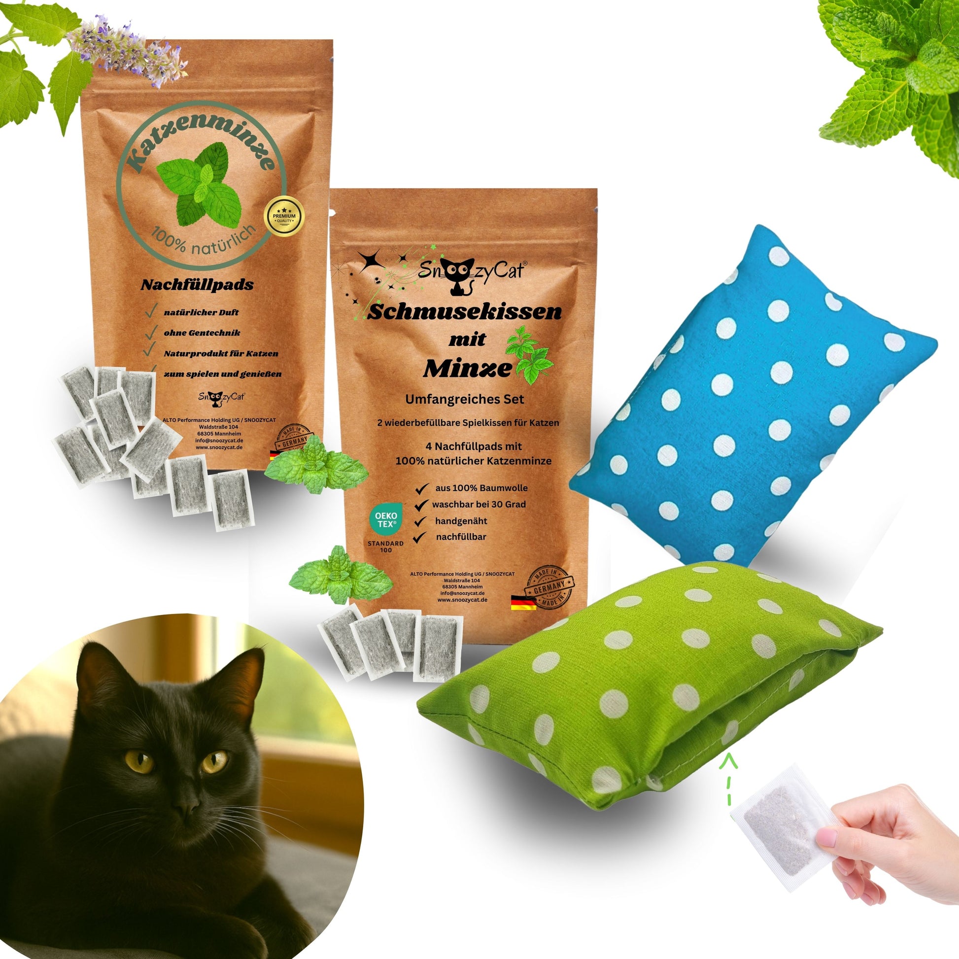 SNOOZYCAT® Set mit 2 weichen Kissen und 14 Nachfüllpads, gefüllt mit natürlicher Katzenminze – für stundenlangen Spielspaß und entspannende Wohlfühlmomente.“