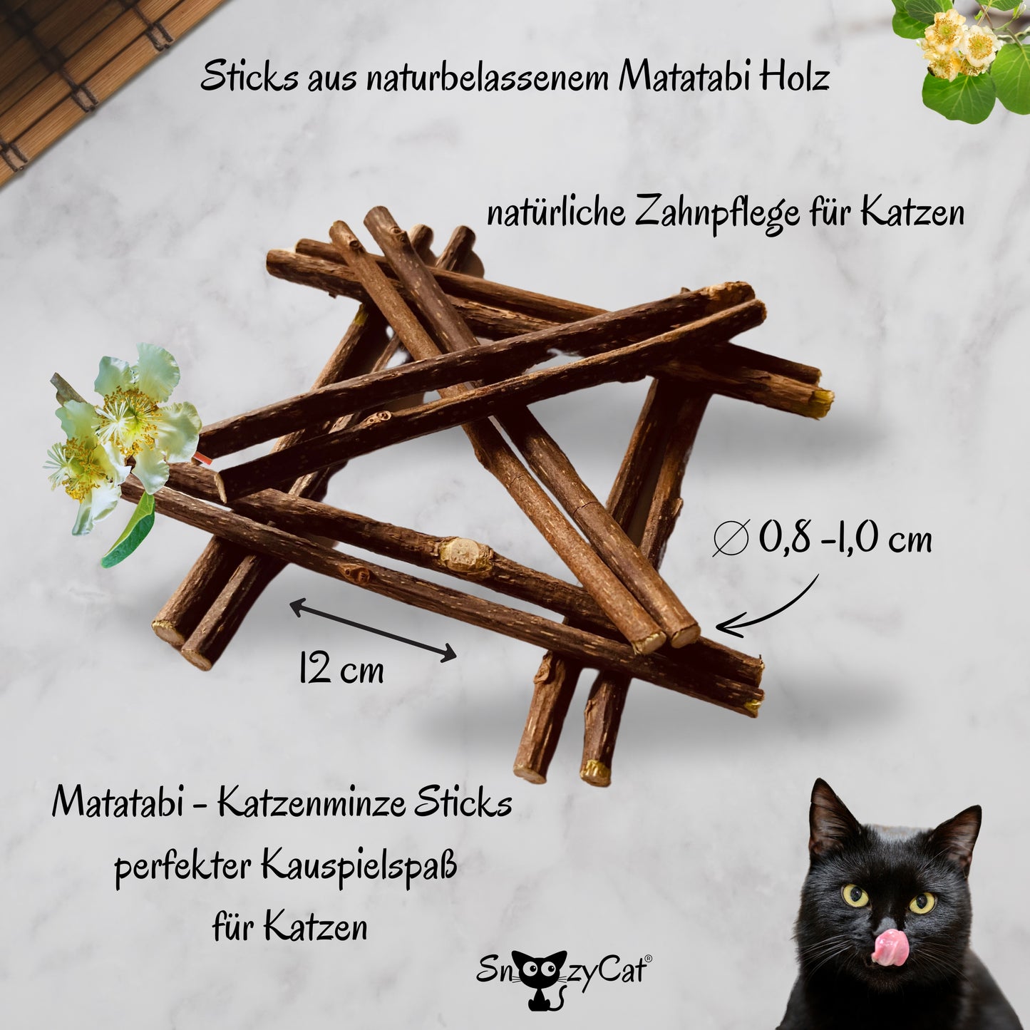 SNOOZYCAT® Matatabi Sticks - 10 pièces : Bâtonnets à mâcher naturels pour chat en bois naturel de Matatabi, récolté à la main au Japon, soin dentaire naturel, brosse à dents.