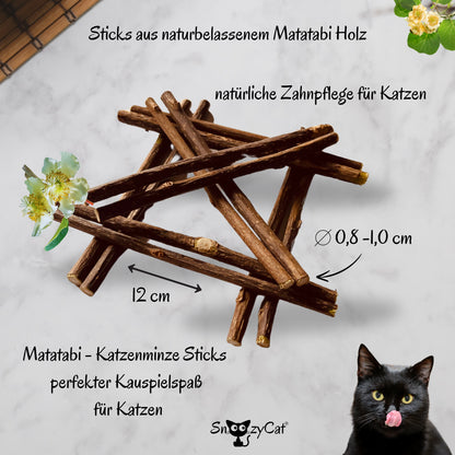 SNOOZYCAT® Matatabi Sticks - 10 pièces : Bâtonnets à mâcher naturels pour chat en bois naturel de Matatabi, récolté à la main au Japon, soin dentaire naturel, brosse à dents.