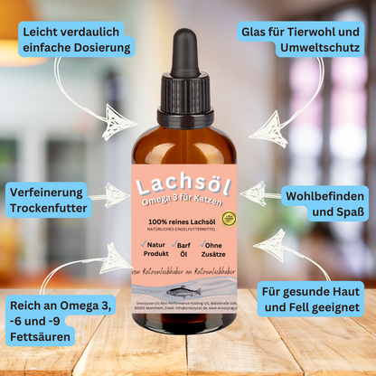SNOOZYCAT® Premium Lachsöl für Katzen – 100 ml – Hochwertiges Omega-3- & Omega-6-Öl in Lebensmittelqualität – Für Haut, Fell & Immunsystem – Frisch & schonend hergestellt in Deutschland