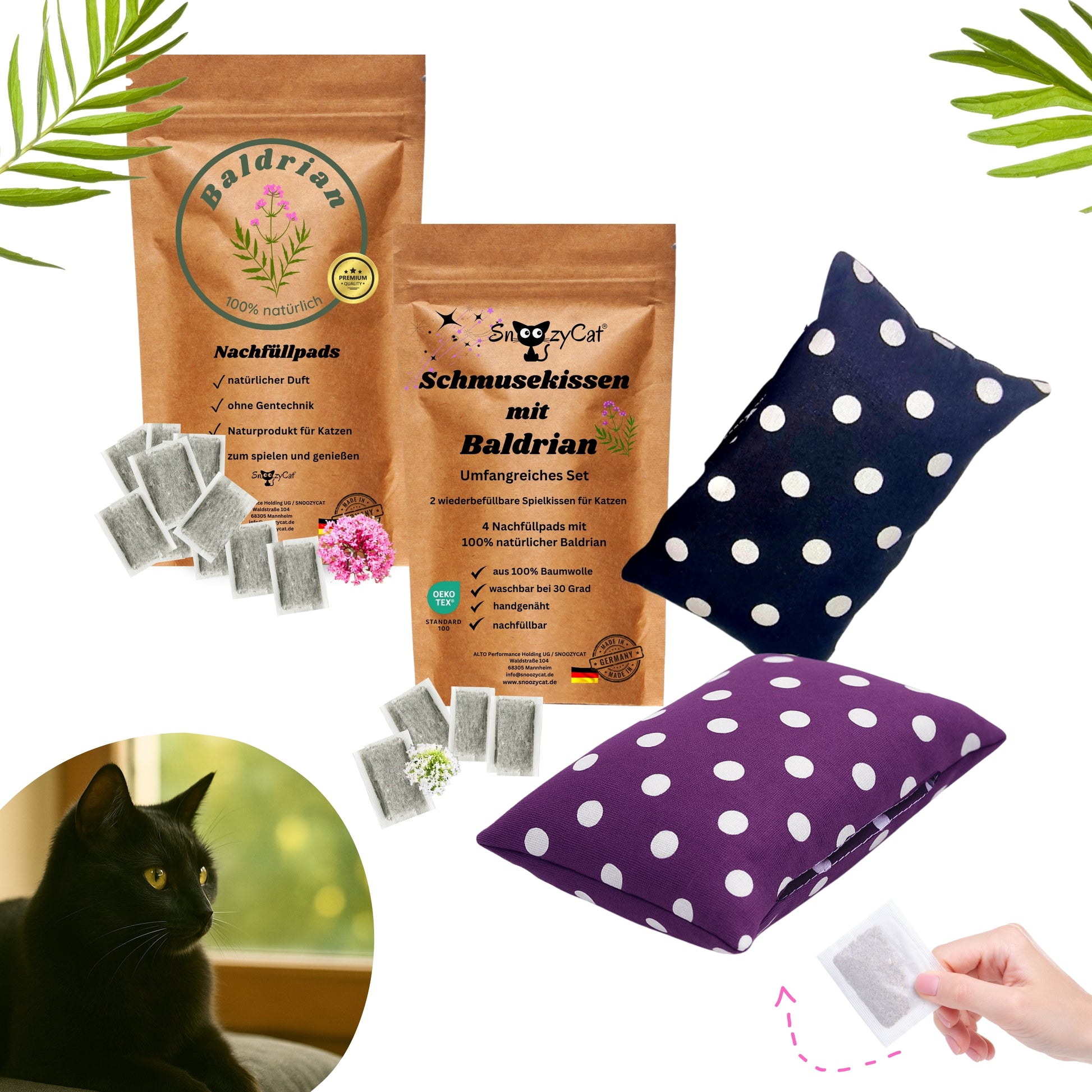 SNOOZYCAT® Set mit 2 weichen Kissen und 14 Nachfüllpads, gefüllt mit natürlichem Baldrian – für beruhigende Wohlfühlmomente und entspannende Katzenzeiten.“