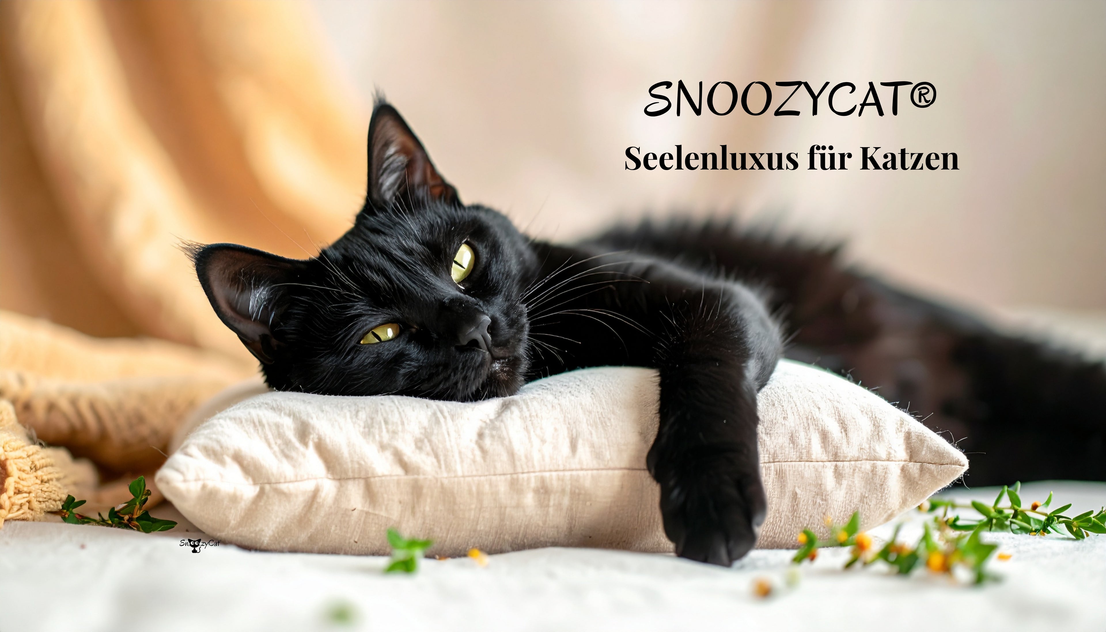 Schwarze Katze auf Kissen – SNOOZYCAT® Seelenluxus für Katzen
